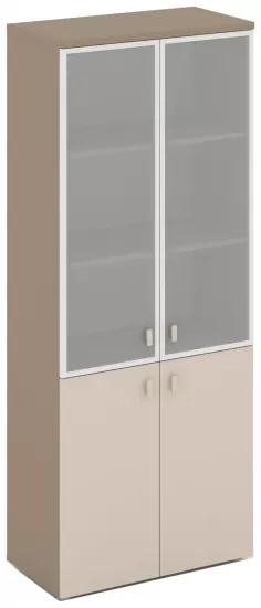 Шкаф высокий широкий (2 низких фасада ЛДСП + 2 средних фасада стекло в раме)